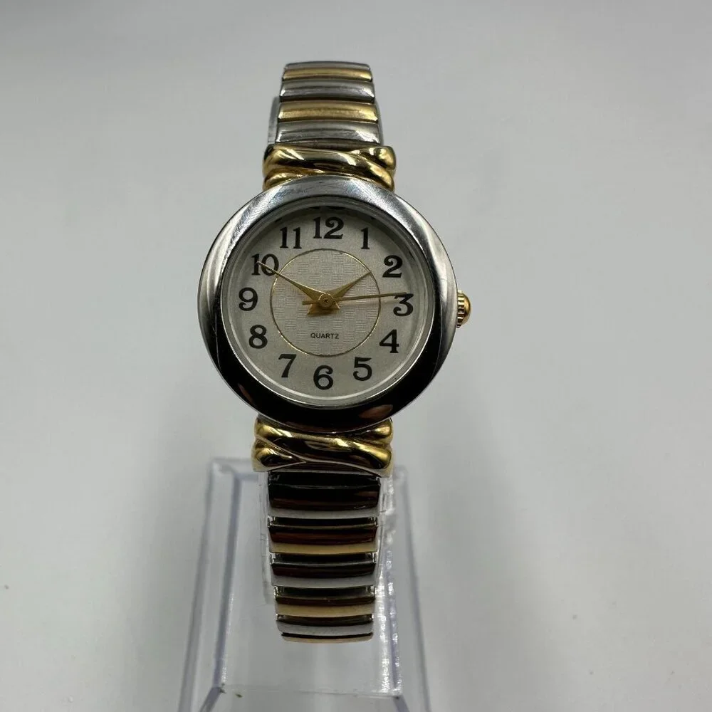 3/$30 Two Tone Watch Women Gold Silver Easy Read Dial Stretch Band New Battery